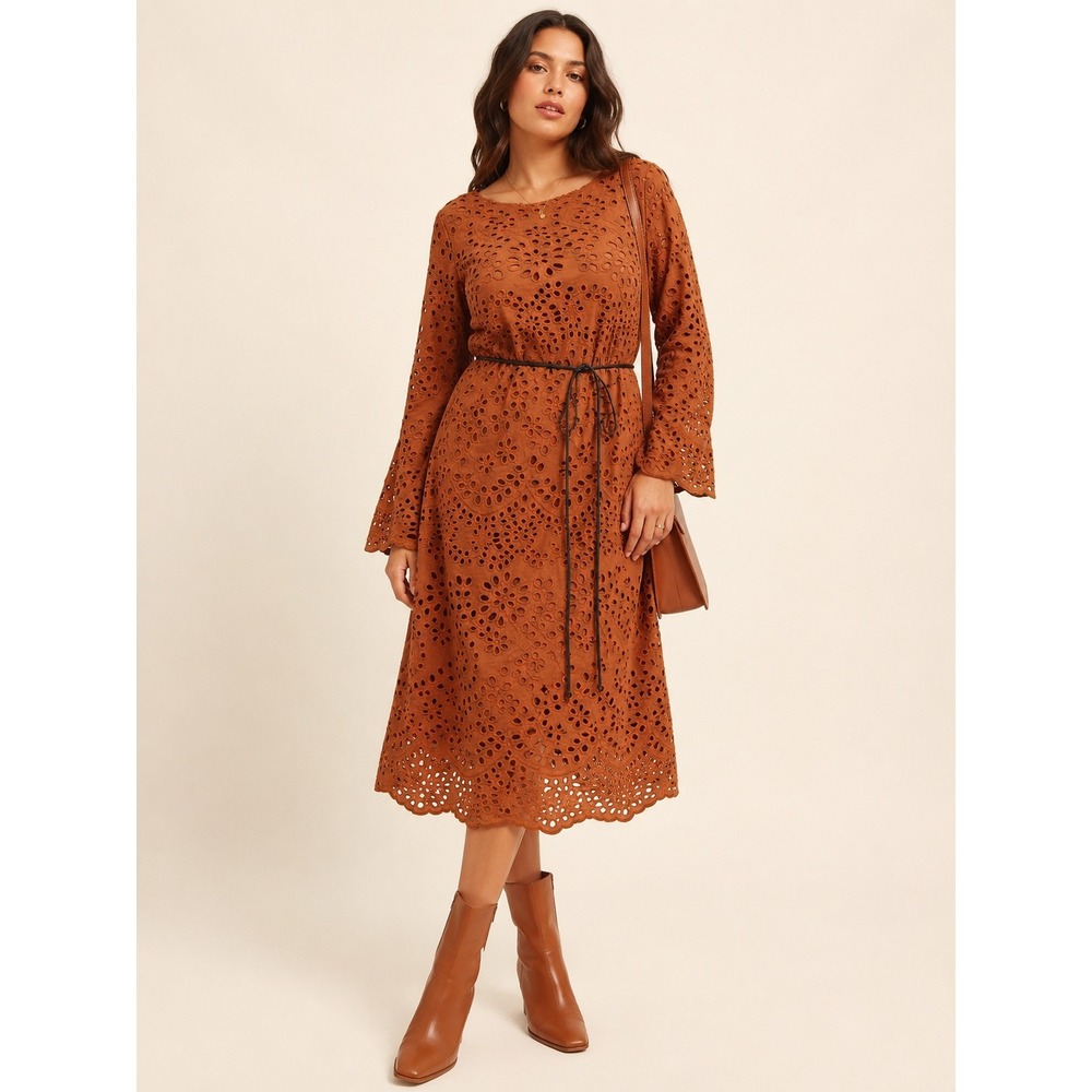 NEW H&M 100% Cotton Eyelet Midi Dress‎ Boho Cottagecore Brown Large